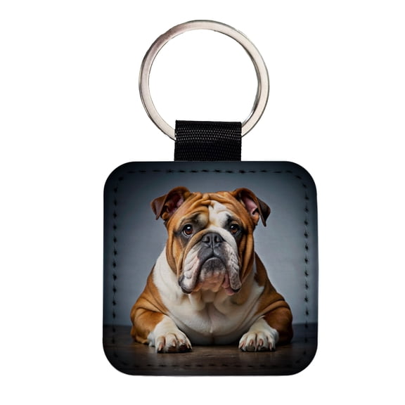 Bulldog Dog Photo Faux Leather Square Keychain