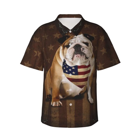 Bulldog Dog With Vintage American Flag Men's 3d Print Casual Button Down Shirts, Novelty Hawaiian Short Sleeves 2xl
