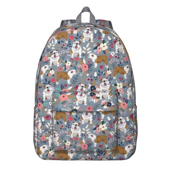 Bulldog Dog and Flower Florals Backpack for School,Cute School Bag,Schoolbag with Adjustable Shoulder Straps & Padded Back,15.7"x11.8"x5.5"