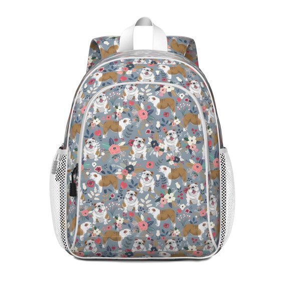 Bulldog Dog and Flower Florals Backpack for School,Cute School Bag,Schoolbag with Adjustable Shoulder Straps & Padded Back,15"x11.42"x5.5"