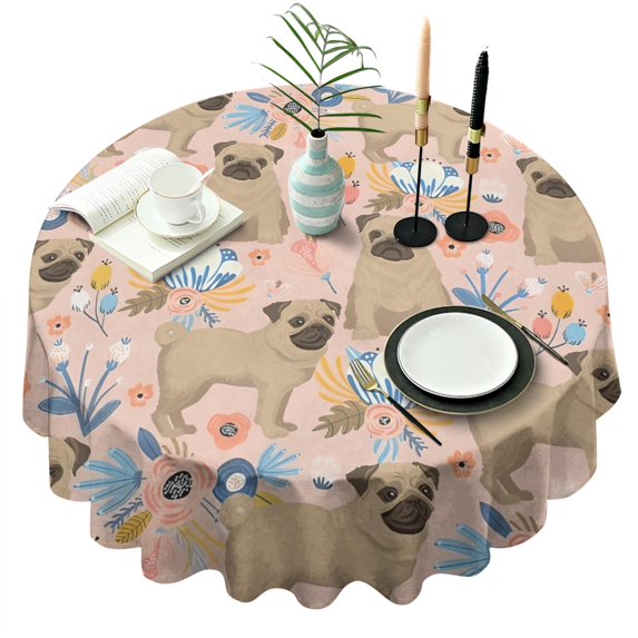 Bulldog Dog and Flower Florals Round Tablecloth 60"x60",Wrinkle Wipeable Table Cloth for Kitchen Dining Room Picnic Patio Party