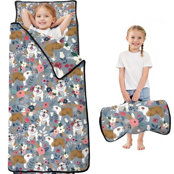 Bulldog Dog and Flower Florals Toddler Nap Mats for Kids Preschool,Sleeping Mat Bag or Kids,Toddler Sleeping Bag,Toddler Nap Mat or Daycare