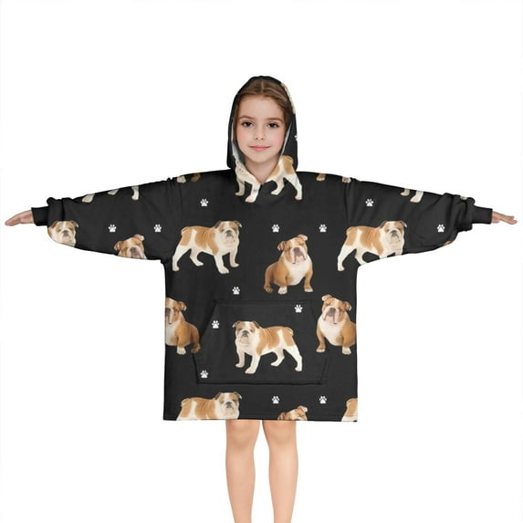 Bulldog Dog and Footprints Blanket Hoodies for Kids 6-13YR Oversize Wearable Blanket Hoodies for Boys Girls Teens