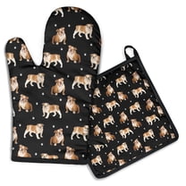 Bulldog Dog and Footprints Kitchen Oven Mitt and Pot Holder Sets 2 Pcs for Baking, Cooking and Grilling, Heat Resistant Up To 392 °F