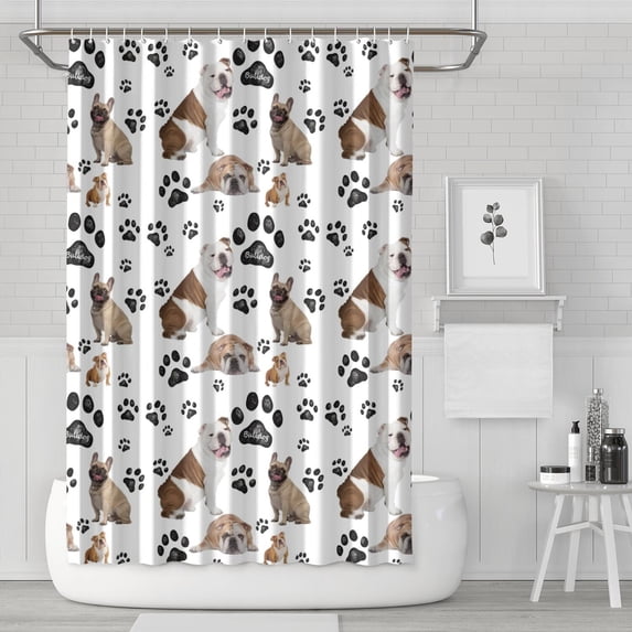 Bulldog Dog and Footprints Shower Curtain 72"x72" ,Bathroom Decorative Shower Curtains Set with 12 Hooks,Modern Waterproof Washable Shower Curtain