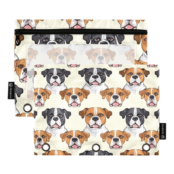 Bulldog Dogs Face 2 Pack Pencil Pouch for 3 Ring Binder Smooth Zipper Folders with Pockets Clear Window Pencil Case