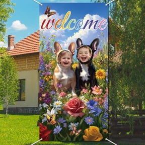Bulldog Door Banner Welcome Spring Summer Flowers Background Phtography Backdrop Large Fabric Lovely Dog Face in Hole Hanging Photo Booth Props for Bulldog Birthday Party 35.43x70.87 Inch
