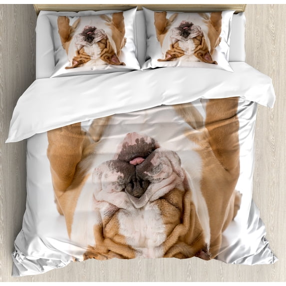 Bulldog Duvet Cover Set, English Dog Laying on His Back Sleeping Real Life Animal Photography, Decorative 3 Piece Bedding Set with 2 Pillow Shams, Queen Size, Pale Brown and White, by Ambesonne