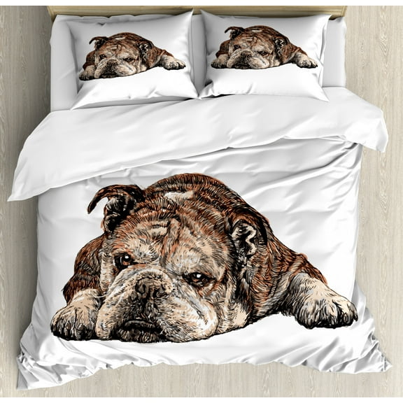 Bulldog Duvet Cover Set King Size, Digitally Generated Single Bulldog Drawn by Hand on a Plain Background, Decorative 3 Piece Bedding Set with 2 Pillow Shams, Charcoal Grey and White, by Ambesonne