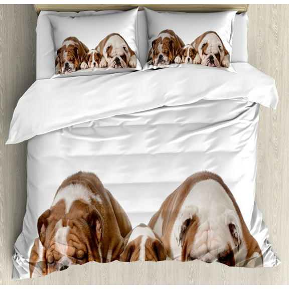 Bulldog Duvet Cover Set, Real Life Image of 3 Generation Animals Side by Side on a Plain Background, Decorative 3 Piece Bedding Set with 2 Pillow Shams, King Size, Umber and White, by Ambesonne
