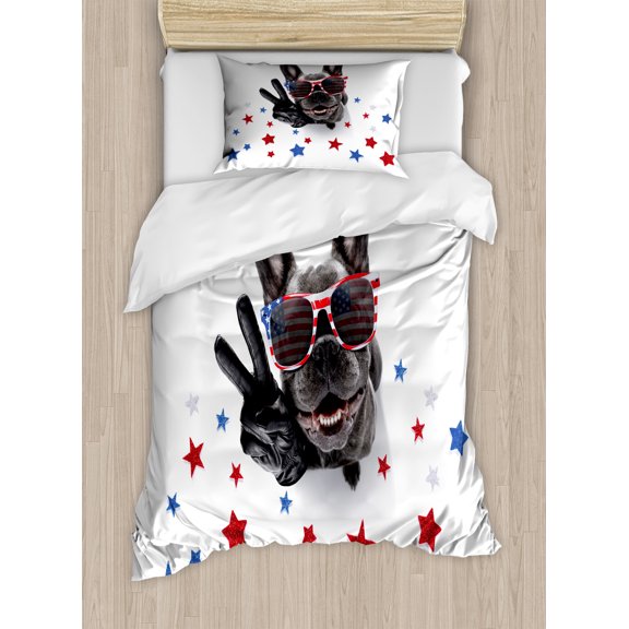 Bulldog Duvet Cover Set, Top View of an Animal in Eyeglasses 4th of July Independence Day, Decorative 2 Piece Bedding Set with 1 Pillow Shams, Twin Size, Dimgray Ruby Blue, by Ambesonne