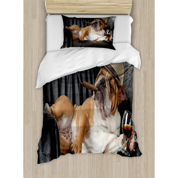 Bulldog Duvet Cover Set Twin Size, Humorous Photo of a Gentleman Dog Resting in a Chair with Glass of Drink and Cigar, Decorative 2 Piece Bedding Set with 1 Pillow Sham, Multicolor, by Ambesonne