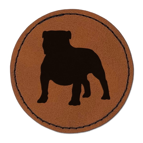 Bulldog English British Dog Solid 2.5" Faux Leather Round Engraved Iron-On Patch - Brown