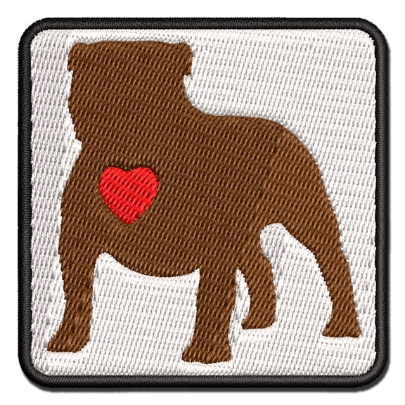 Bulldog English British Dog with Heart Applique Multi-Color Embroidered Iron-On Patch - 3.5 Inch Large