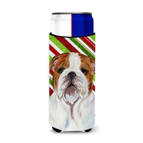 Bulldog English Candy Cane Holiday Christmas Ultra Hugger for slim cans
