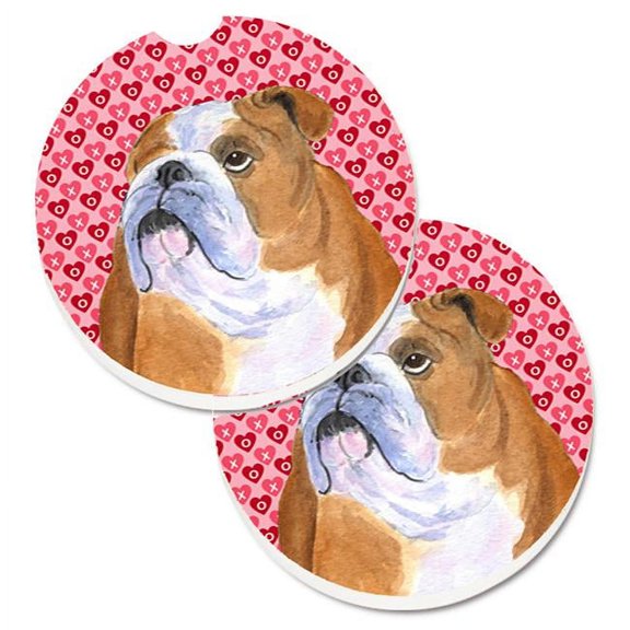 Bulldog English Hearts Love Valentines Day Set of 2 Cup Holder Car Coaster