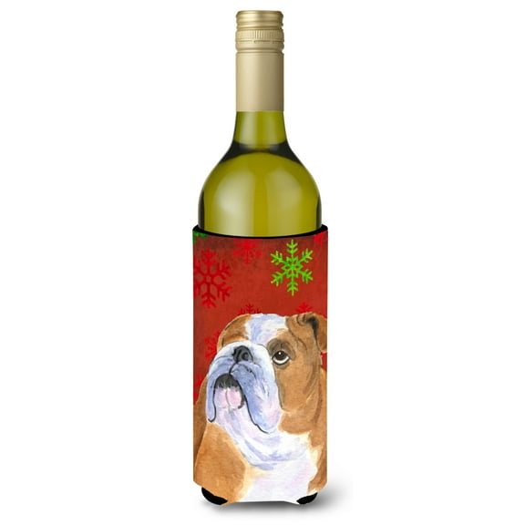 Bulldog English Red and Green Snowflakes Holiday Christmas Wine Bottle Hugger