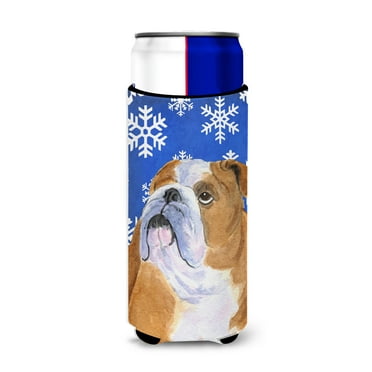 Bulldog English Winter Snowflakes Holiday Ultra Hugger for slim cans