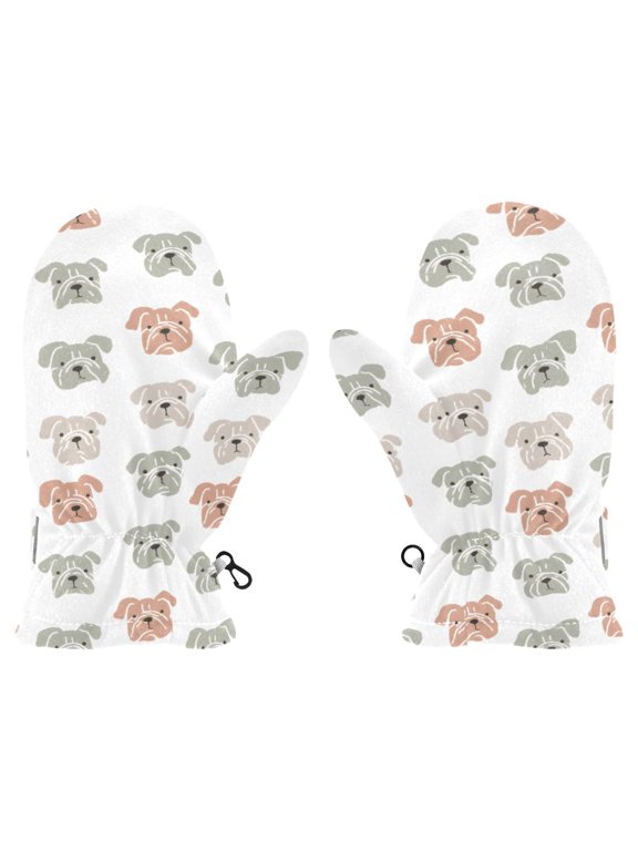 Bulldog Face Pattern Cold Weather Mittens Warm Thick Fleece Lined Adjustable Snow Outdoor Winter Medium Ages 4-6