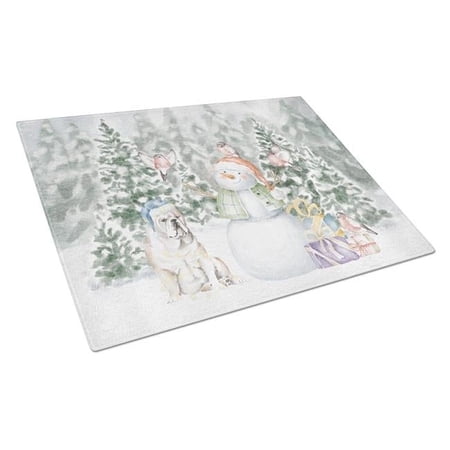 Bulldog Fawn with Christmas Presents Glass Cutting Board Large 12 in x 15 in