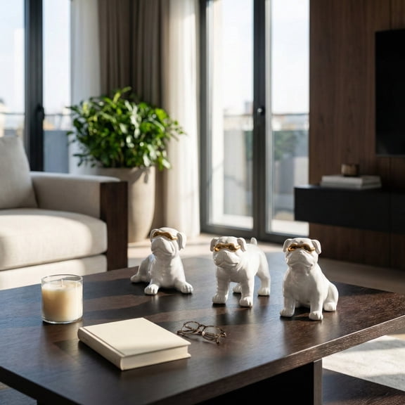 Bulldog Figurines for Home Decor - Modern Ceramic Sculpture for Living Room, Shelf, Coffee Table, and Office Display- Glam Pug Statues Ornaments for Bathroom Counter - Set of 3, 7", 6",6", White