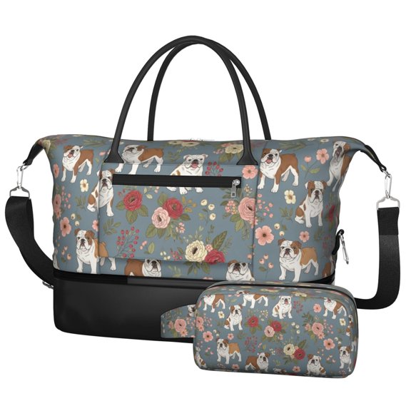Bulldog and Floral Blue Pattern 2 Piece Travel Bag Set, Overnight Duffle Bag with Shoe Compartment, Detachable Shoulder Strap Gift Ideas for Work Picnic Beach Travel