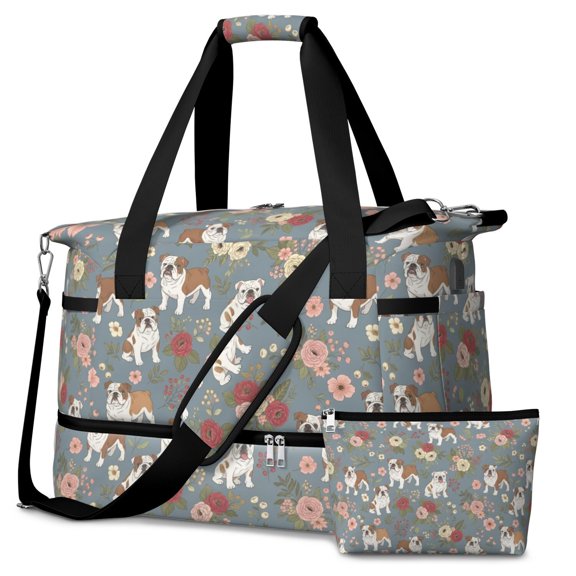 Bulldog and Floral Blue Pattern Gym Duffel Bag 2 Piece Set, Hospital Overnight Bag with Shoe Compartment & Toiletry Bag, Large Capacity Gifts for Birthday Christmas Thanksgiving