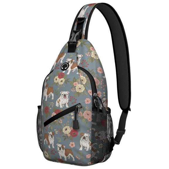 Bulldog and Floral Blue Pattern Sling Backpack, Unisex Cycling Crossbody Bag with Side Mesh Pockets, Earphone Hole Port Gift Ideas for Travel Shopping Commuting