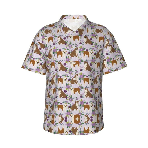 Bulldog Floral Hawaiian Shirts For Men, Summer Short-Sleeve Relaxed-Fit Button-Down Shirts Xx-Large