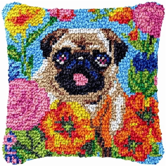 Bulldog & Flowers Latch Hook Pillow Cover Kits for DIY Handmade Throw Pillow Cross Stitch Latch Hook Pillowcase Rug Kits with Preprinted Color Pattern Canvas Crochet Yarn Kits 17''X 17''(ys167)