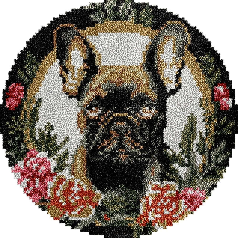 Bulldog & Flowers Latch Hook Round Rug Kits Set for Starter Crochet Handmade Hooking Cushion Mat Sofa Seat Cushion Crocheting Kits with Preprinted Canvas Crochet Yarn Kits 50X50CM (r93)