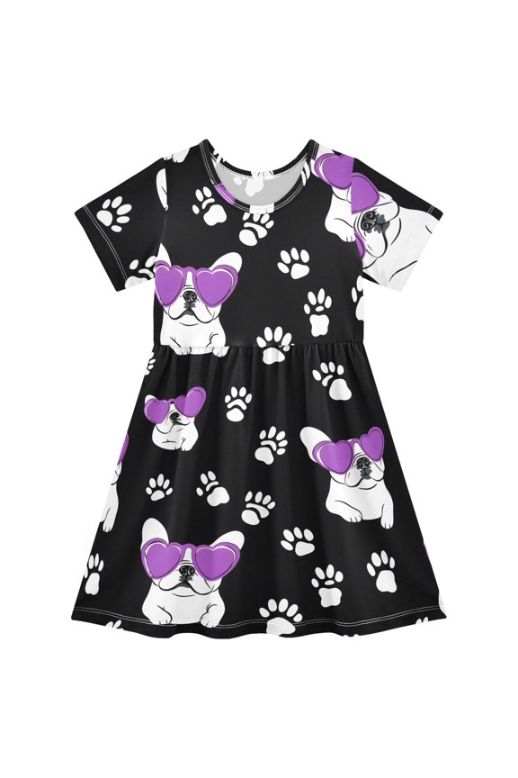 Bulldog Footprints Pattern Girls Short Sleeve Dress A Line Sun Protection Breathable Comfort Sundress 3T