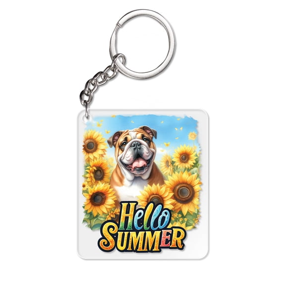 Bulldog Hello Summer Sunshine Sunflowers Spring Retro Vintage Acrylic Keychain Dog Lover Gifts Idea Collar Charm Tag Keyring - 00008