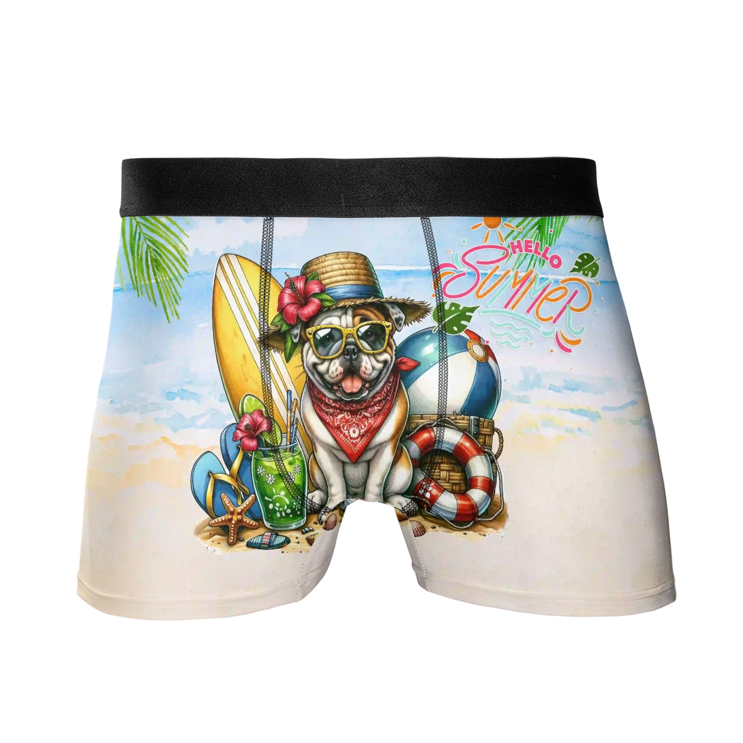 Bulldog Hello Summer with Sunglasses and Surfboard Tropical Vibes All ...