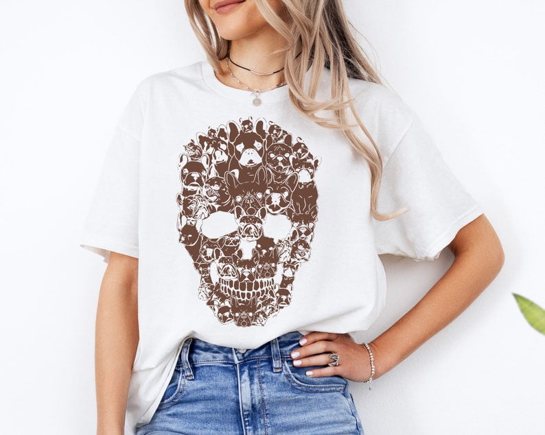 Bulldog Human Skull TShirt, Funny Halloween Costume Skull French