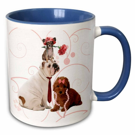 3drose, Bulldog in Necktie, Papillon Dog in Pink Hat a Terrier in Pearls, Great for Dog Lover or Mothers Day, 15oz Two-tone Blue Mug