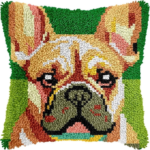 Bulldog Latch Hook Kits Pillow kits Cushion Throw Pillow Embroidery Craft Kits For Beginner DIY Kits of Handmade Pillowcase with Printed Canvas Home Decor 43x43cm (g90)