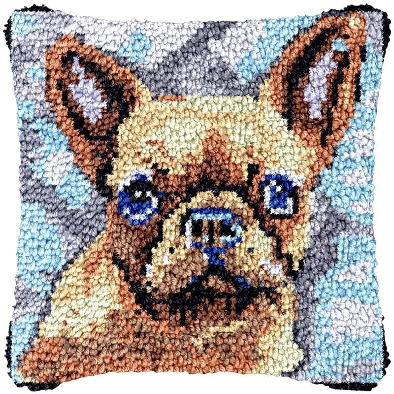 Bulldog Latch Hook Pillow Cover Kits for DIY Handmade Throw Pillow Cross Stitch Latch Hook Pillowcase Rug Cushion Kits with Preprinted Canvas Crochet Yarn Kits Needlework 17'' X 17''(a2)