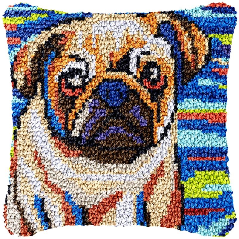 Bulldog Latch Hook Pillow Cover Kits for DIY Handmade Throw Pillow Cross Stitch Latch Hook Pillowcase Rug Kits with Preprinted Color Pattern Canvas Crochet Yarn Kits 17''X 17''(ys85)