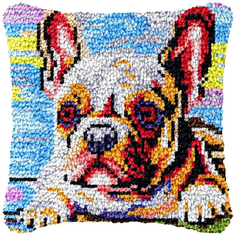 Bulldog Latch Hook Pillow Cover Kits for DIY Handmade Throw Pillow Cross Stitch Latch Hook Pillowcase Rug Kits with Preprinted Color Pattern Canvas Crochet Yarn Kits 17''X 17''(fv102)