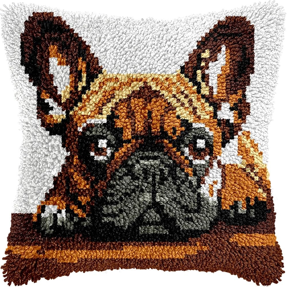 Bulldog Latch Hook Pillow Kits for DIY Handmade Throw Pillow Cushion Embroidery Latch Hooking Pillowcase Kits with Preprinted Canvas Crochet Yarn Kits 17''X 17''(g38)