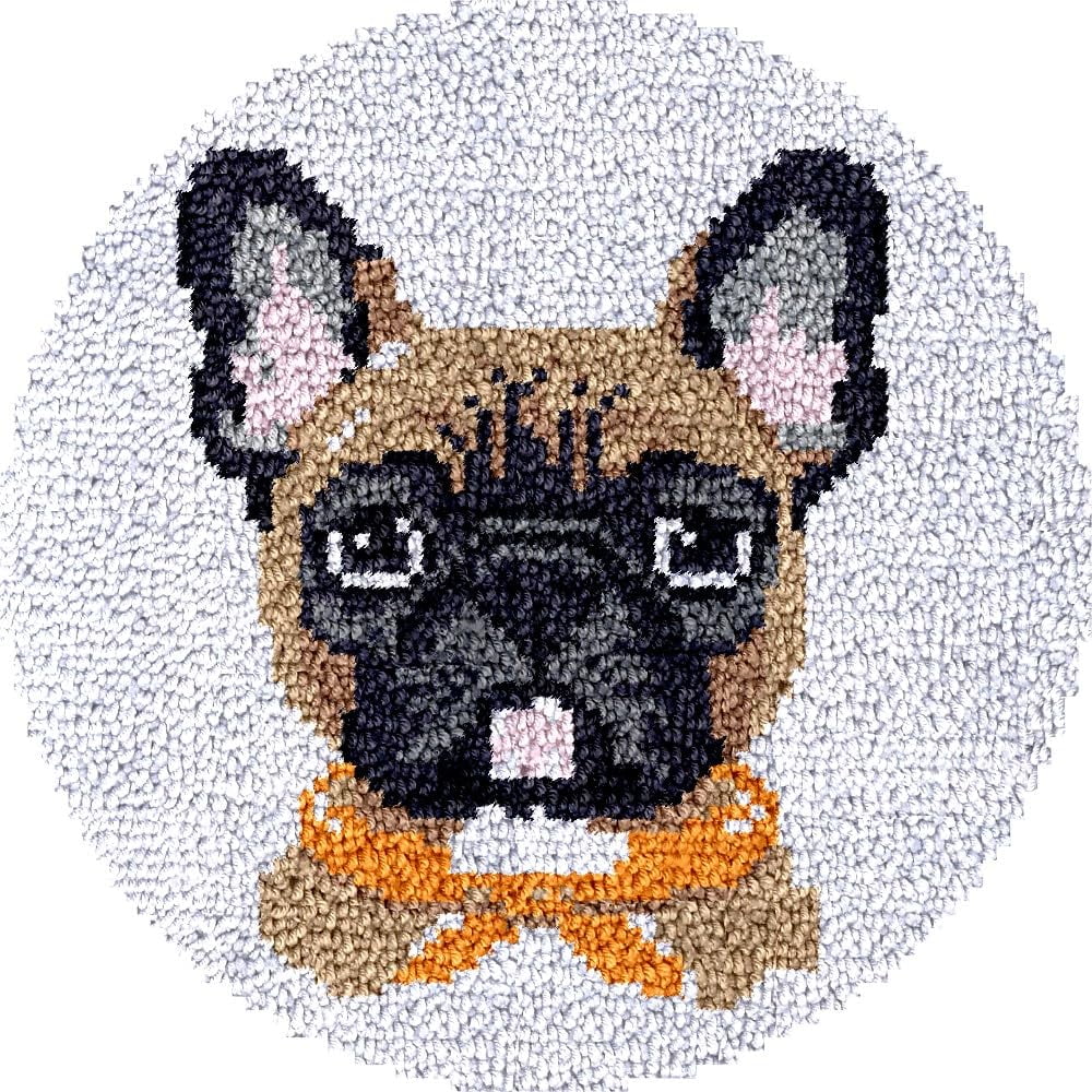 Bulldog Latch Hook Round Rug Kits Set for Starter Crochet Handmade Hooking Cushion Mat Sofa Seat Cushion Crocheting Kits with Preprinted Canvas Crochet Yarn Kits 50X50CM (r66)