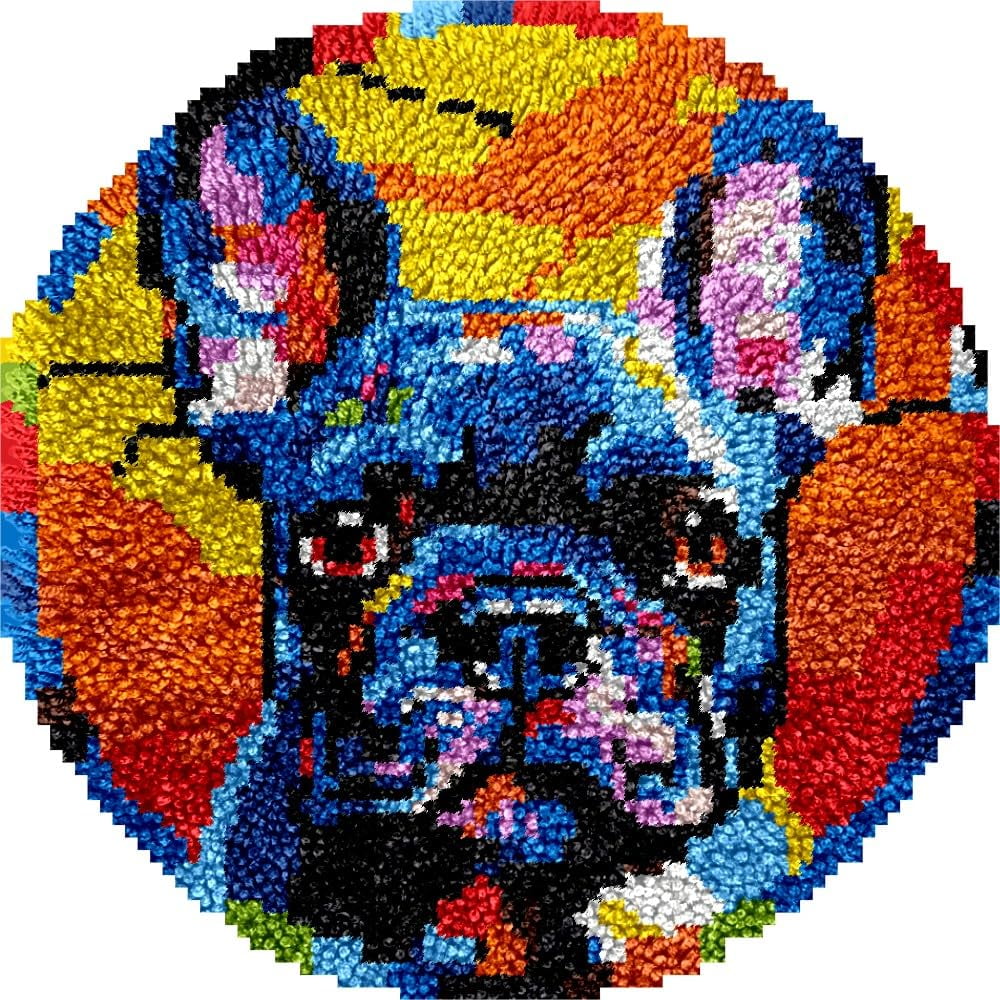 Bulldog Latch Hook Round Rug Kits Set for Starter Crochet Handmade Hooking Cushion Mat Sofa Seat Cushion Crocheting Kits with Preprinted Canvas Crochet Yarn Kits 50X50CM (r79)