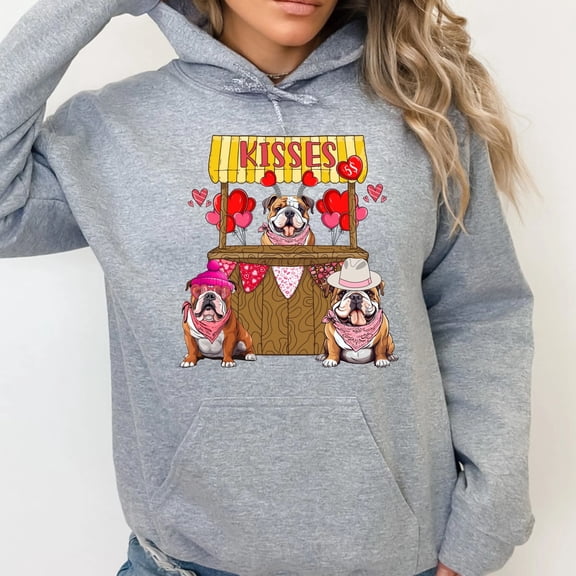 Bulldog Love Kisses Stand Cartoon Graphic Valentine's Day Hoodie Sweatshirt