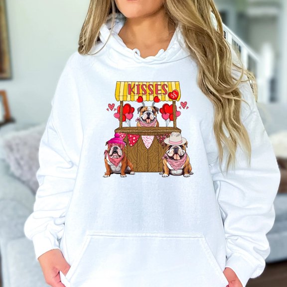 Bulldog Love Kisses Stand Cartoon Graphic Valentine's Day Hoodie Sweatshirt