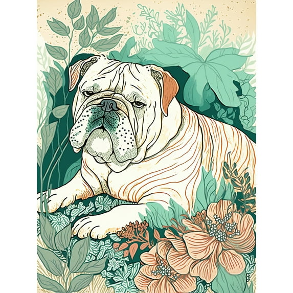 Bulldog Lying in a Flower Field Modern Pastel Colour Linocut Illustration Unframed Wall Art Print Poster Home Decor Premium