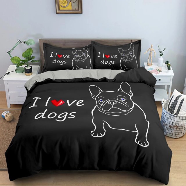 Bulldog Pattern Duvet Cover Set Cute Cartoon Dog King Full Size Bedding