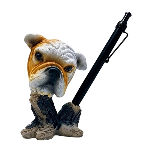 Bulldog Pencil Holder, 3D Resin Head & Tree Stump Base, 4 in Tall, Animal Desk Organizer for Stationery, Office & Creative Decor