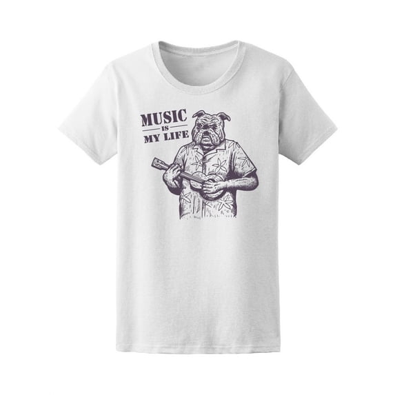 Bulldog Playing Ukulele T-Shirt Women -Image by Shutterstock, Female XX-Large