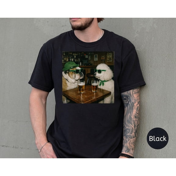 Bulldog Poodle St Patrick's Day Beer Bar Retro Graphic Tee Dog Illustration Comfort Colors Unisex Cotton T-Shirt, Size S-3XL